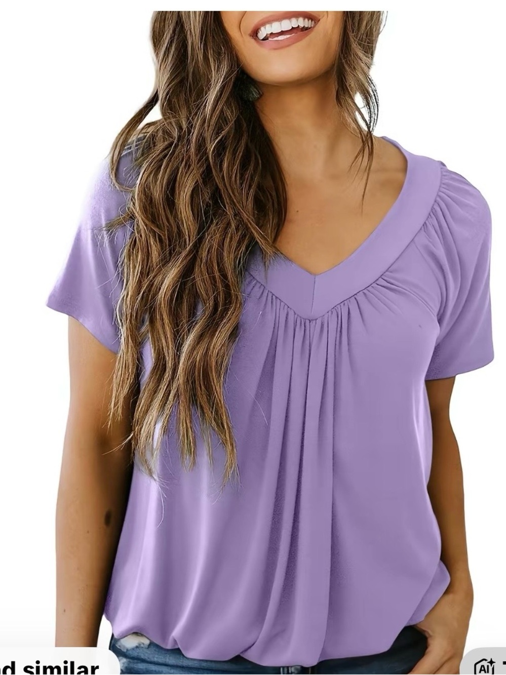 Relaxed Lavender V-Neck Pleated Short Sleeve Blouse